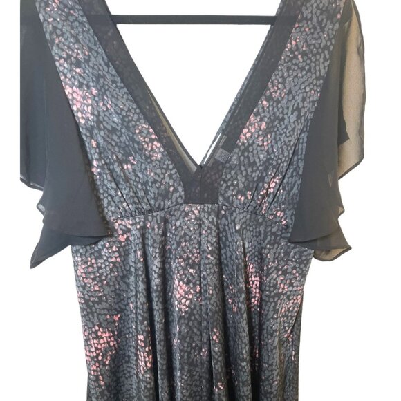 Halston Size XL Black Gray Pink Animal Print Deep V Flutter Sleeve Midi Dress - Picture 4 of 7